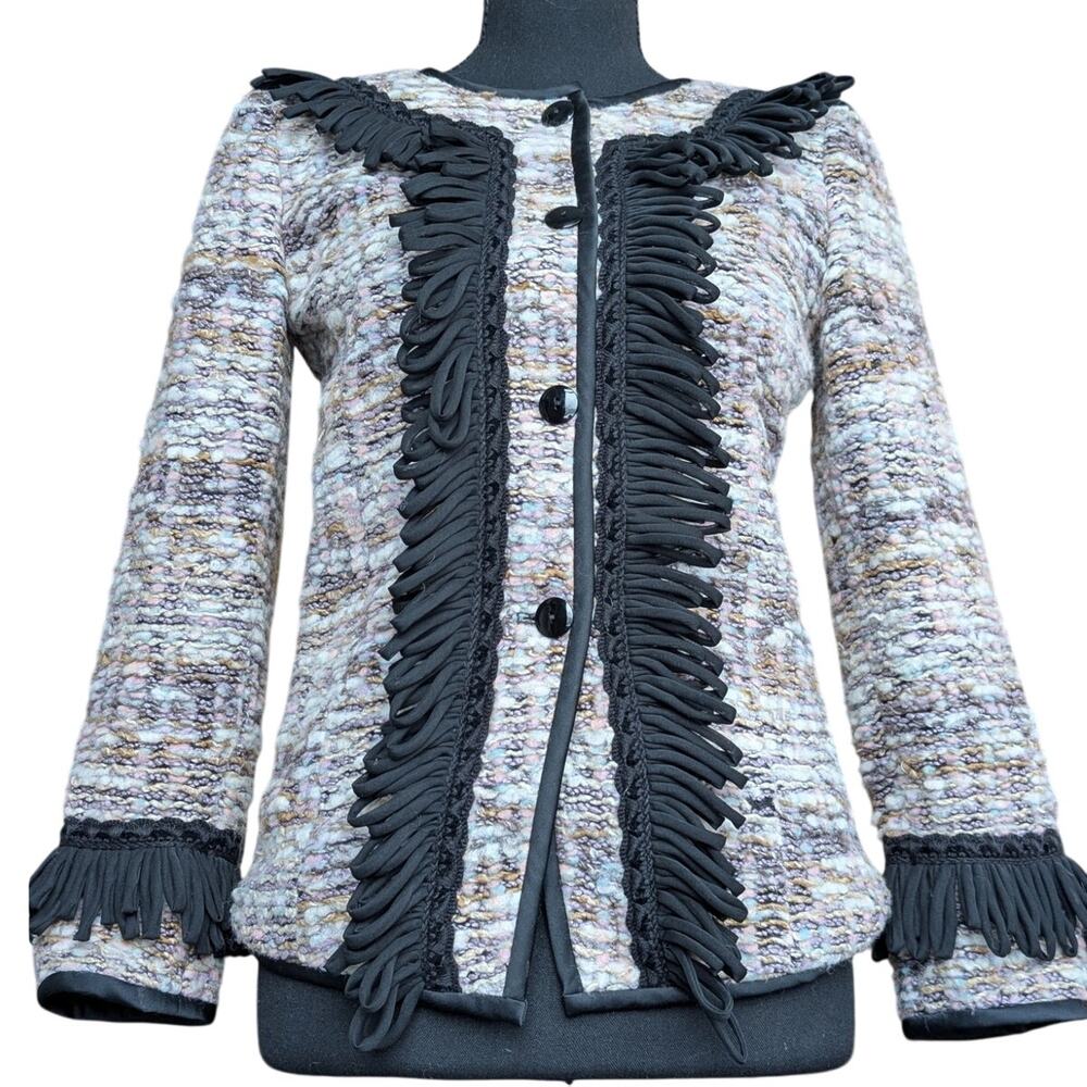 Emporio Armani Wool Tweed Blazer IT 38 US 2 4 Fringe Pastel Spring Structured